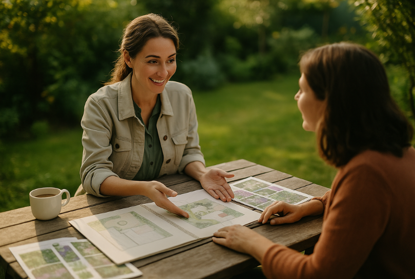 Frauen planen gemeinsam die Gartengestaltung im privaten Garten in Paderborn